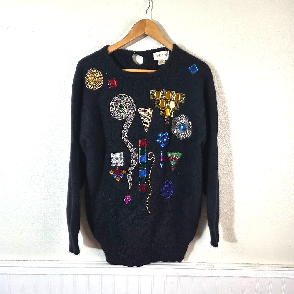 Vintage Bellini Angora Rabbit Hair Lambswool Jeweled Black Sweater M Funky 80s